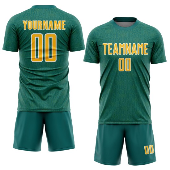 Jersey Teal Shape Custom Gold-White Geometric Soccer Sublimation Sports Uniform
